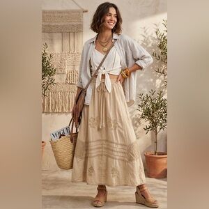 Boho Prairie Embroidered Folk Peasant Maxi Skirt